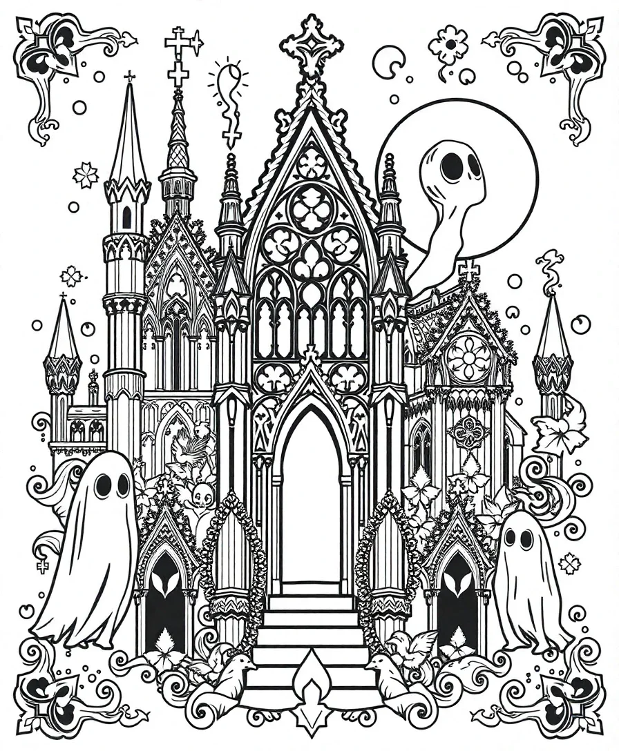 Ghostly gothic patterns with intricate designs, perfect for detailed coloring