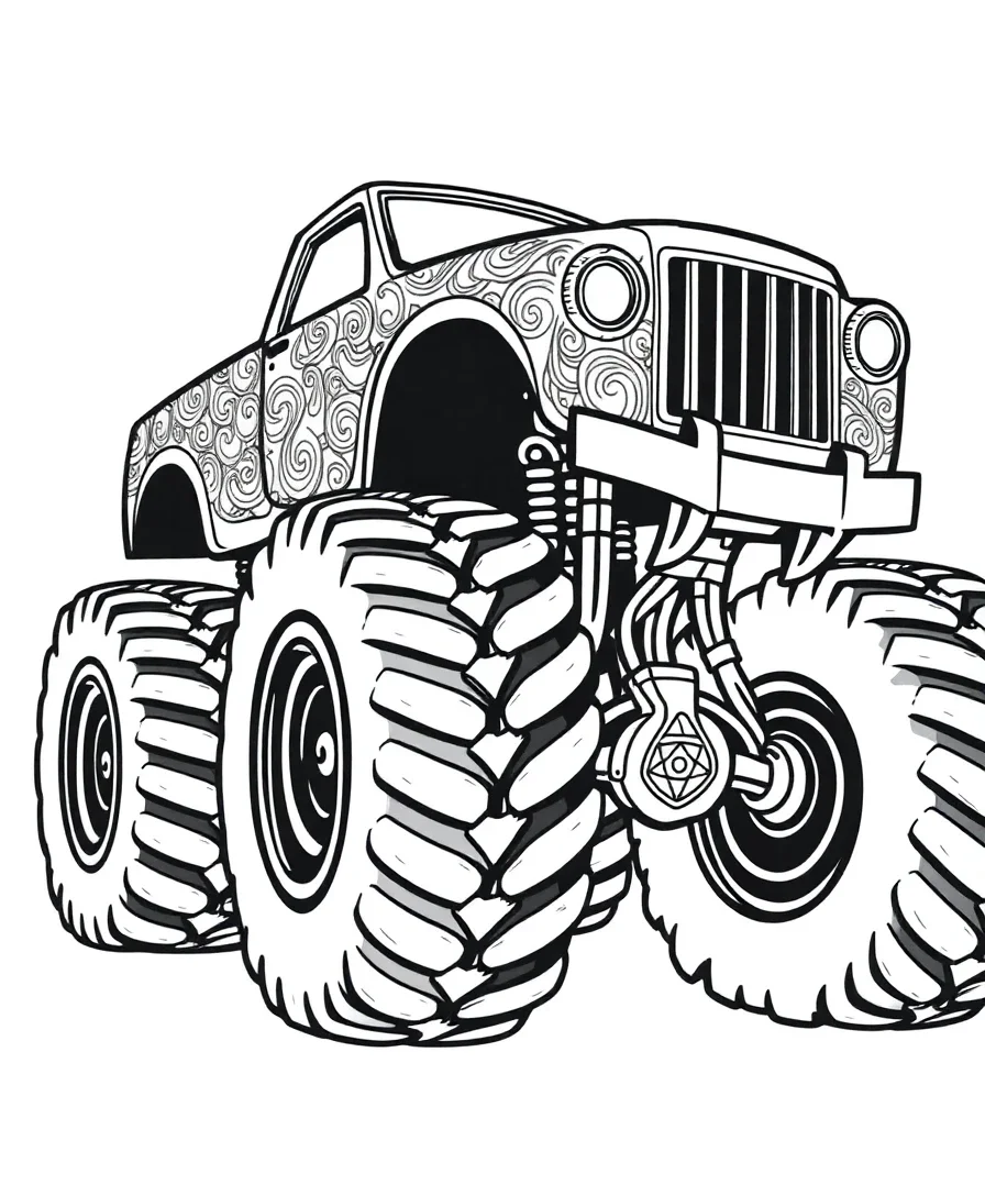 Line art of a monster truck with large wheels and intricate patterns