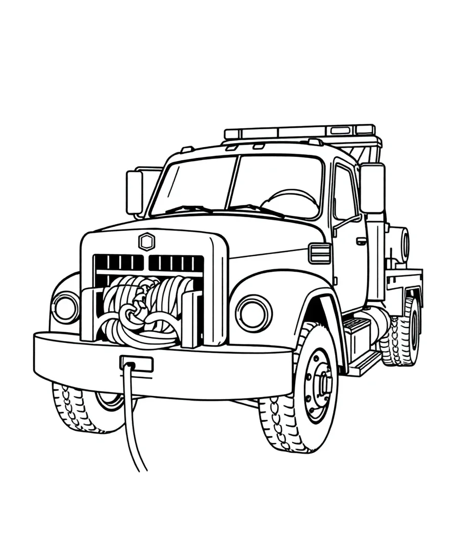Line art of a tow truck with intricate winch details