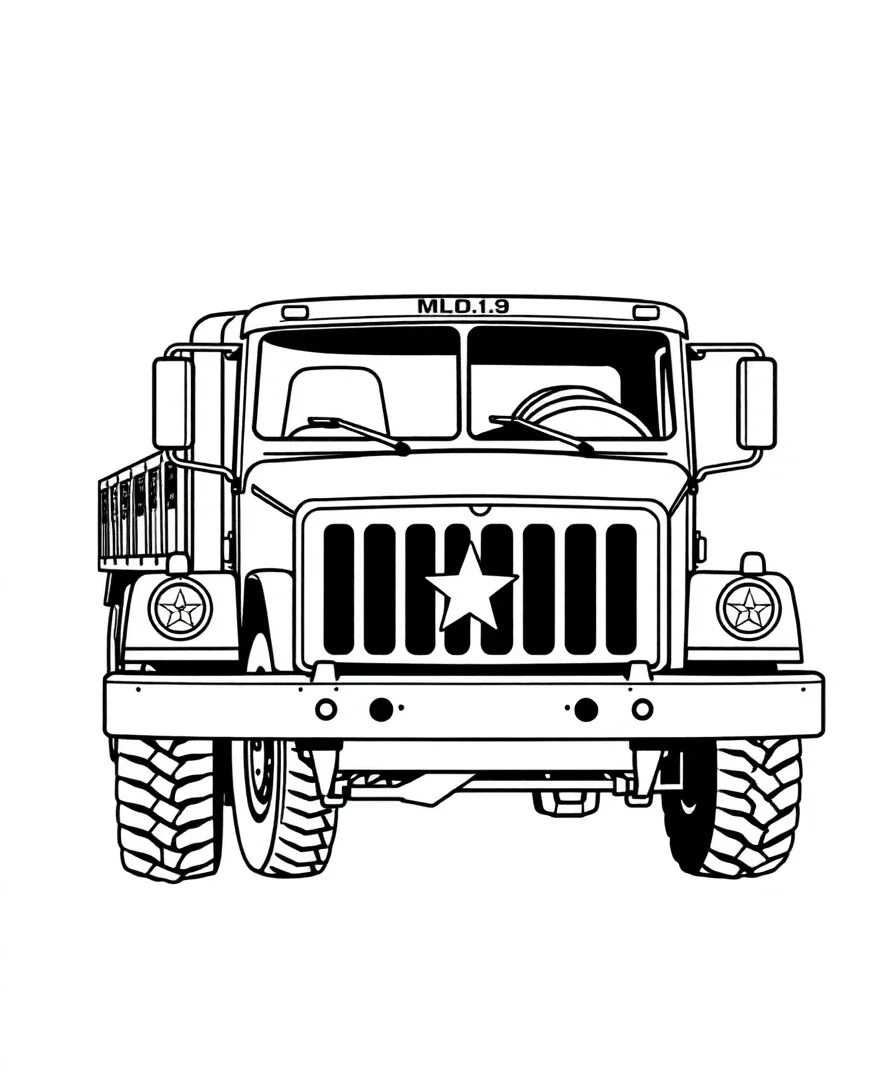 Line art of a military truck with clean lines and powerful silhouette