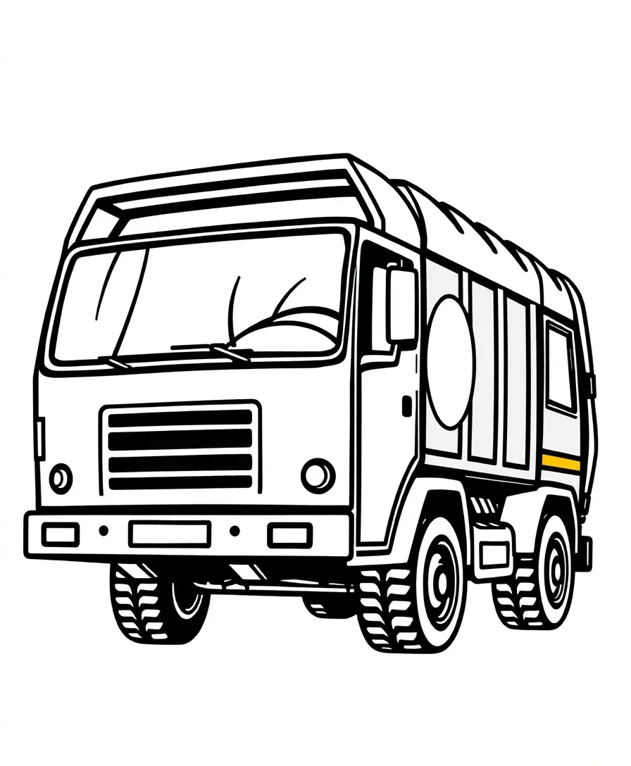Line art of a garbage truck with bold outlines and detailed segments