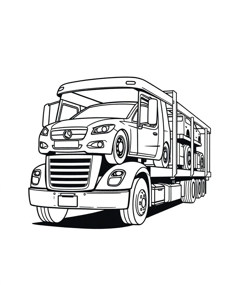 Line art of a car carrier truck with detailed car outlines