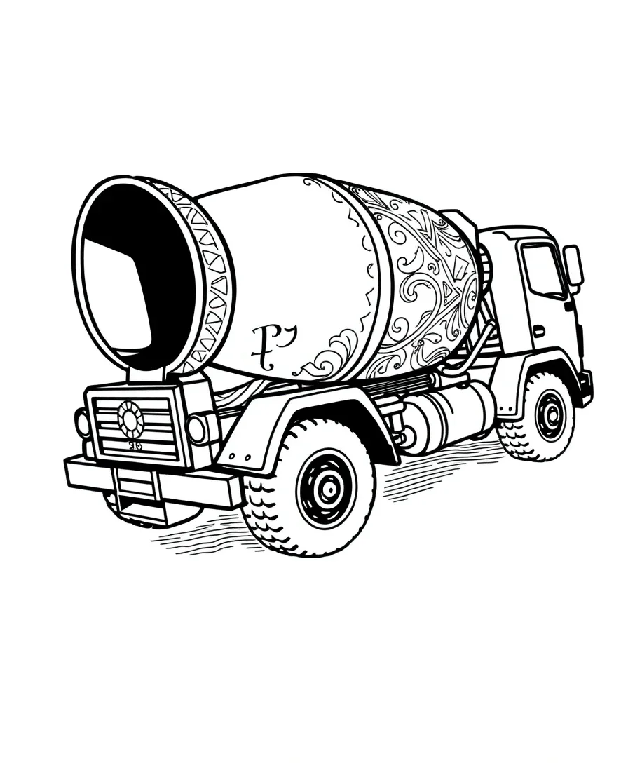 Line art of a cement mixer truck with bold shapes and intricate patterns