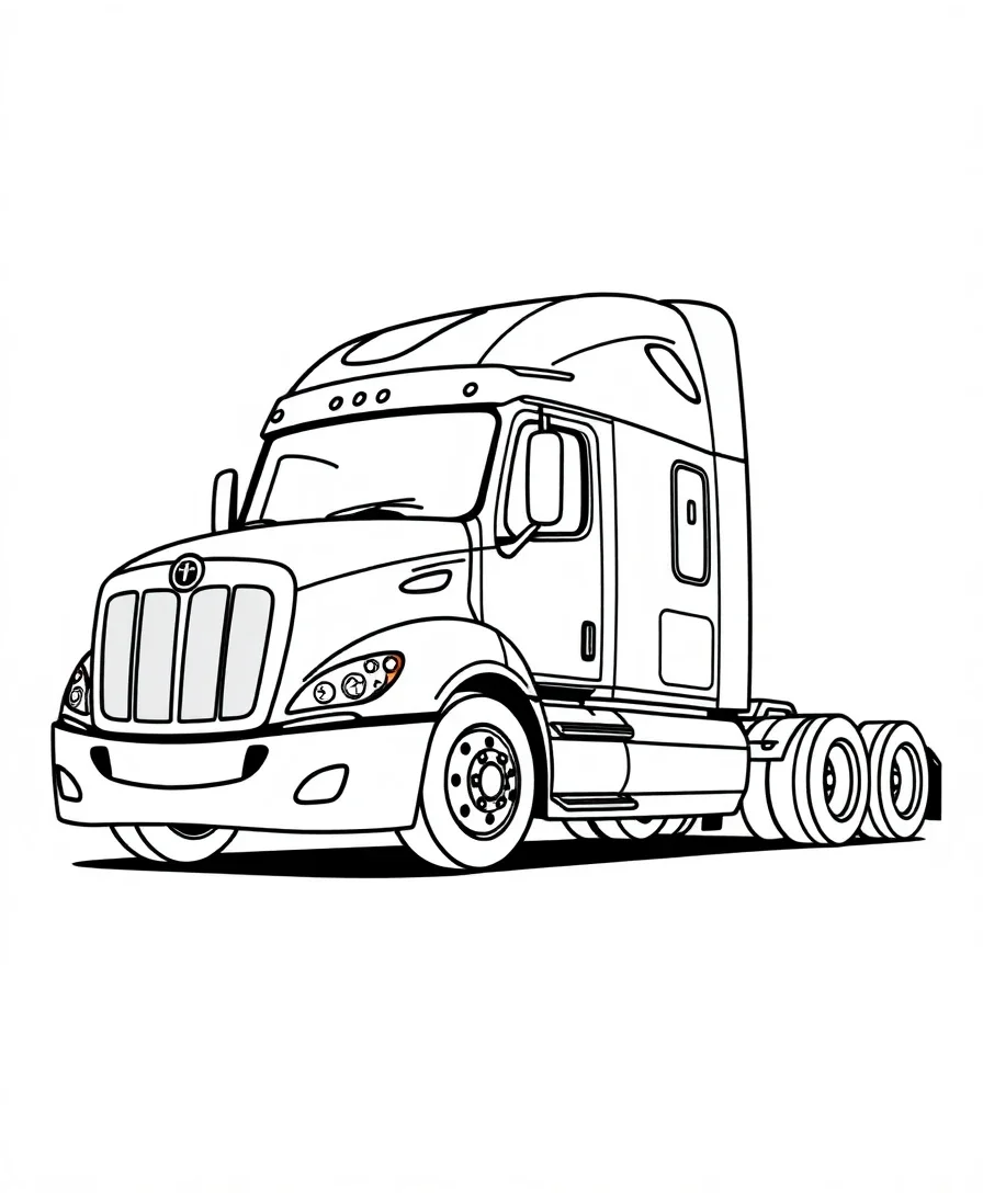Line art of a semi-truck with elegant curves and detailed cab
