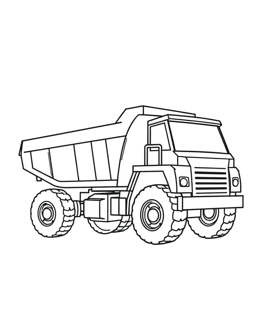 Line art of a dump truck with geometric shapes and clean lines