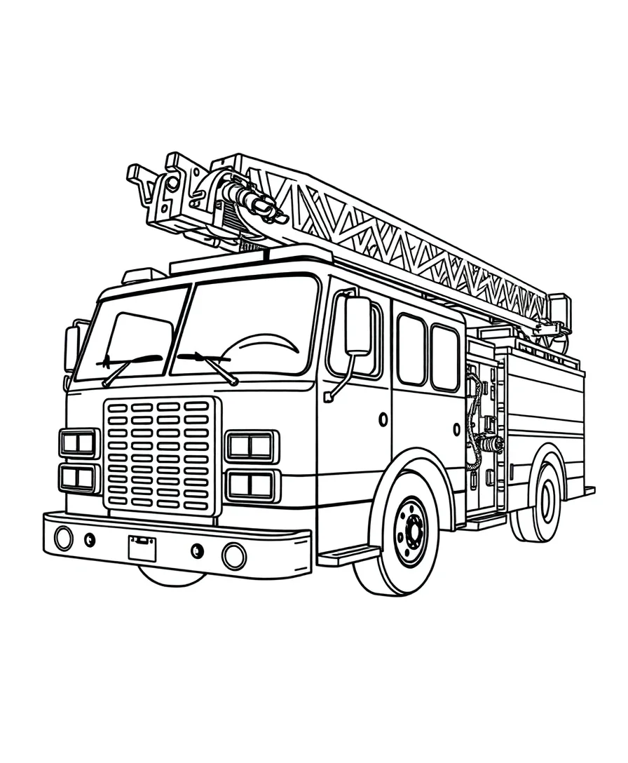 Line art of a fire truck with detailed ladder and hoses