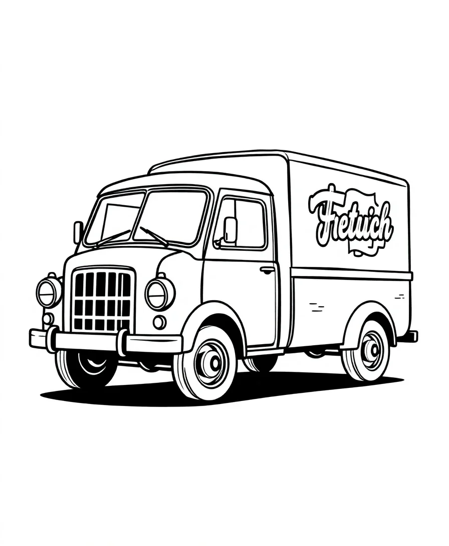 Line art of a vintage delivery truck with bold outlines