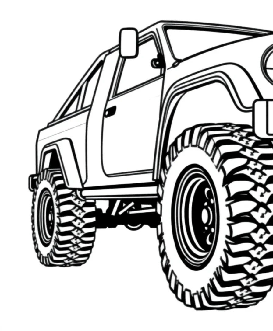 Line art of an off-road truck with detailed tires and sturdy frame