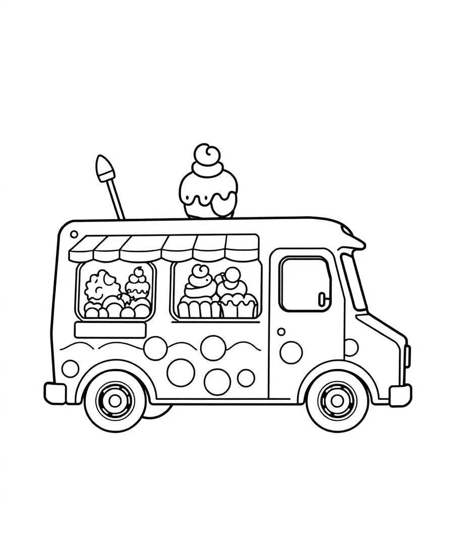 Line art of an ice cream truck with playful shapes and bold outlines