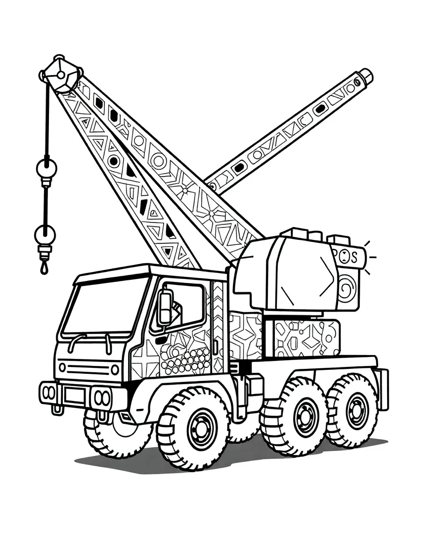 Line art of a construction crane truck with complex patterns