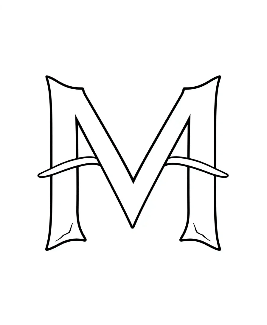 Symmetrical letter M with bold outlines and intricate details
