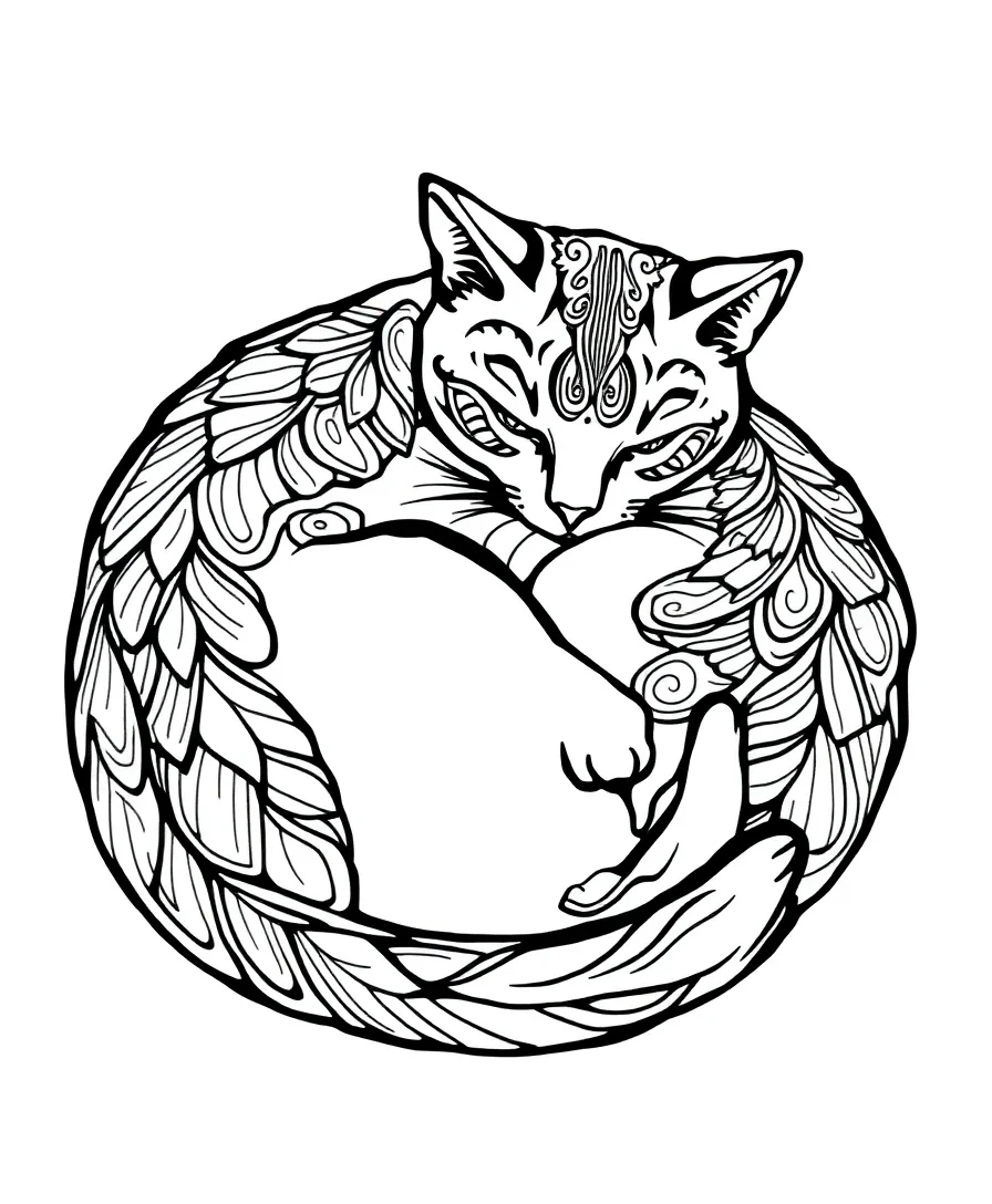 Line art of a sleeping cat with detailed fur textures