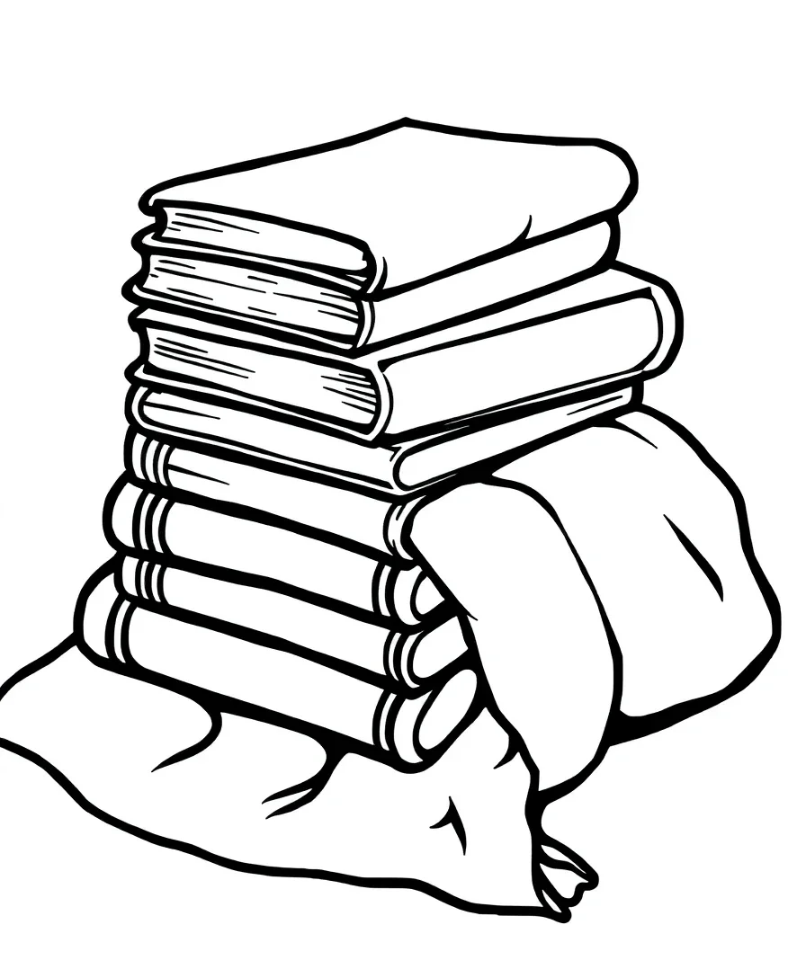 Line art of a stack of books with a blanket draped over