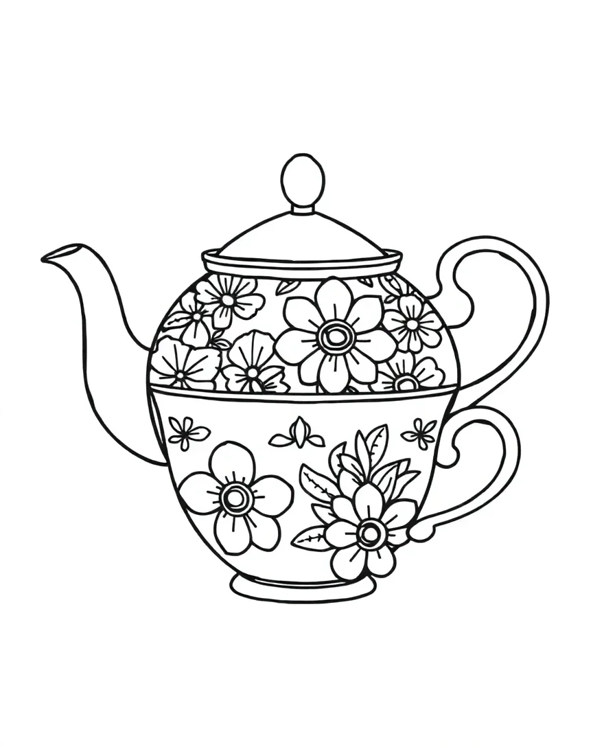 Line art of a teapot and cup with floral designs