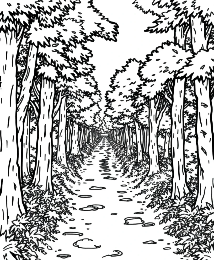 Line art of a forest path surrounded by trees