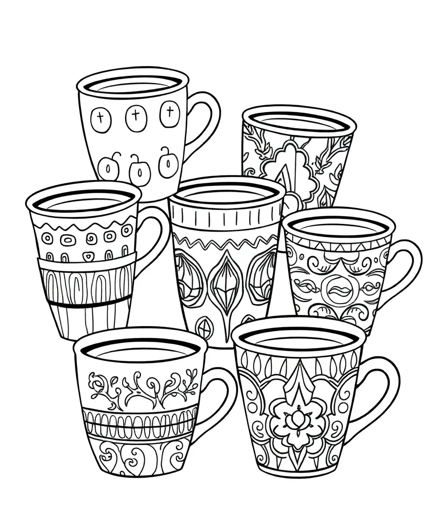 Line art of multiple coffee cups with distinct designs