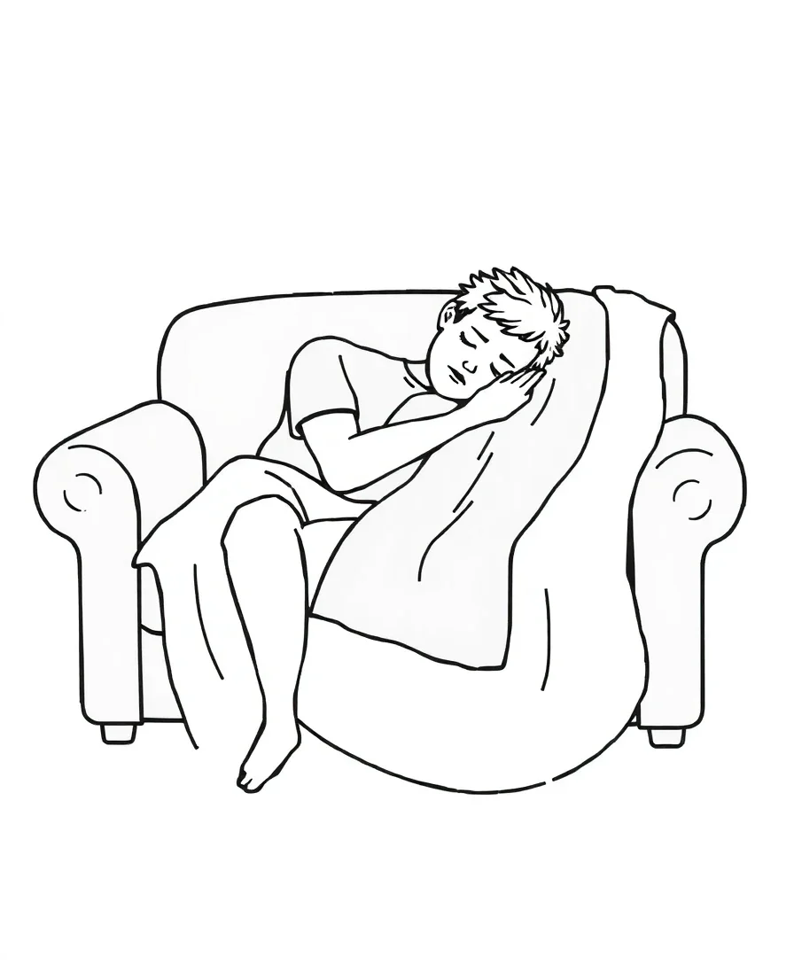 Line art of a person sleeping on a couch with a blanket