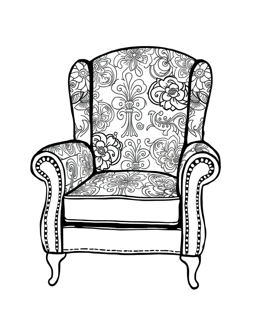 Line art of an armchair with intricate fabric details