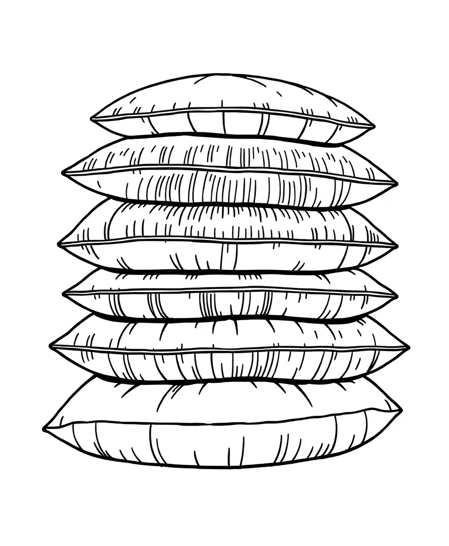 Line art of a stack of pillows with textured patterns