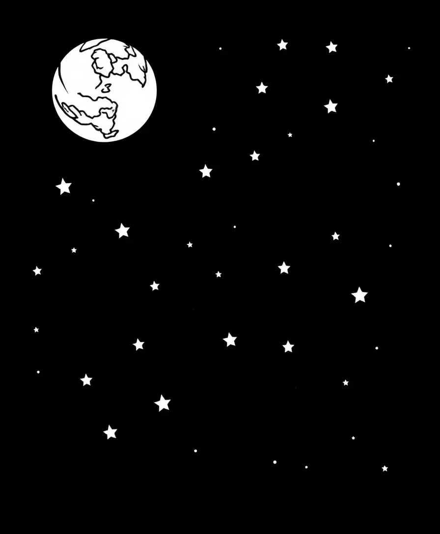 Line art of a night sky filled with stars and a crescent moon