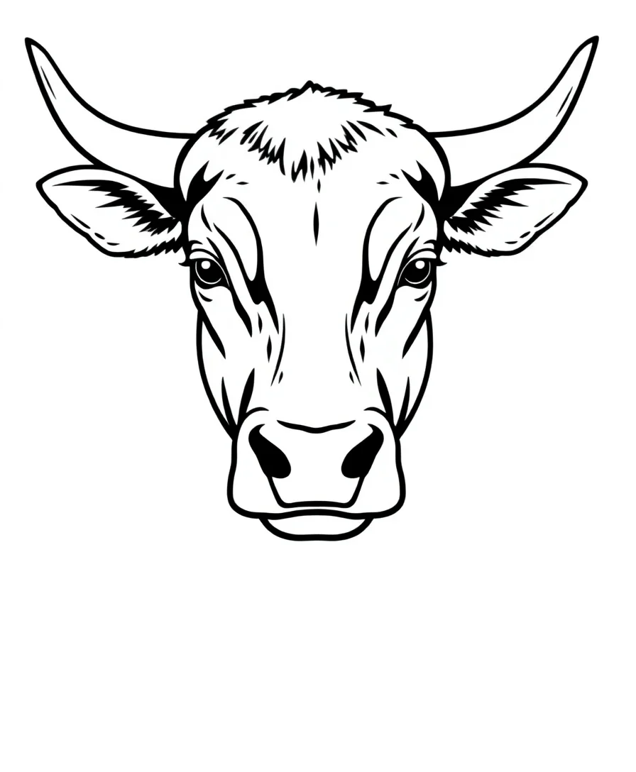 A black and white line art of a cow's head with bold outlines