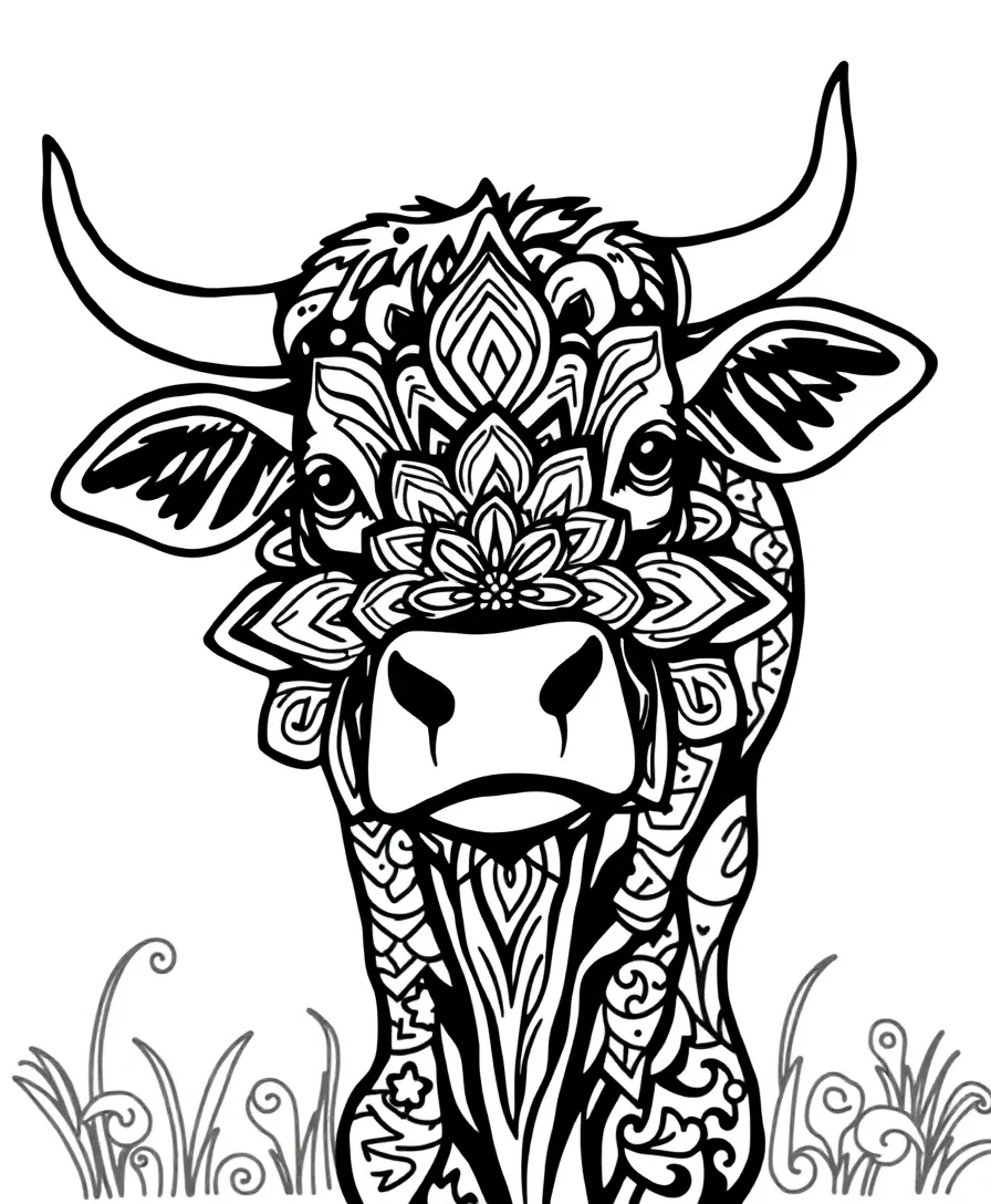 Intricate line art of a cow with mandala patterns