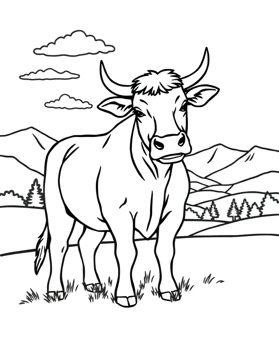 Line art of a cow with a scenic background