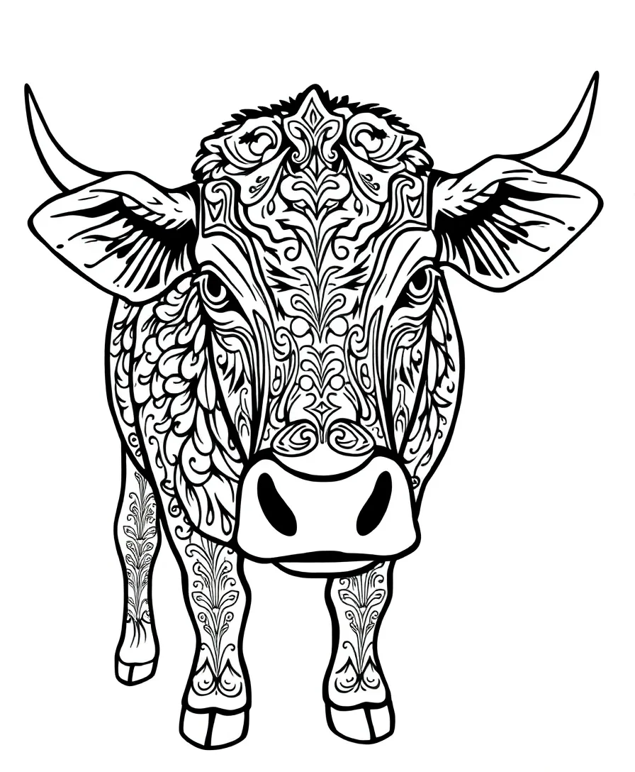 Detailed line art of a cow with intricate patterns