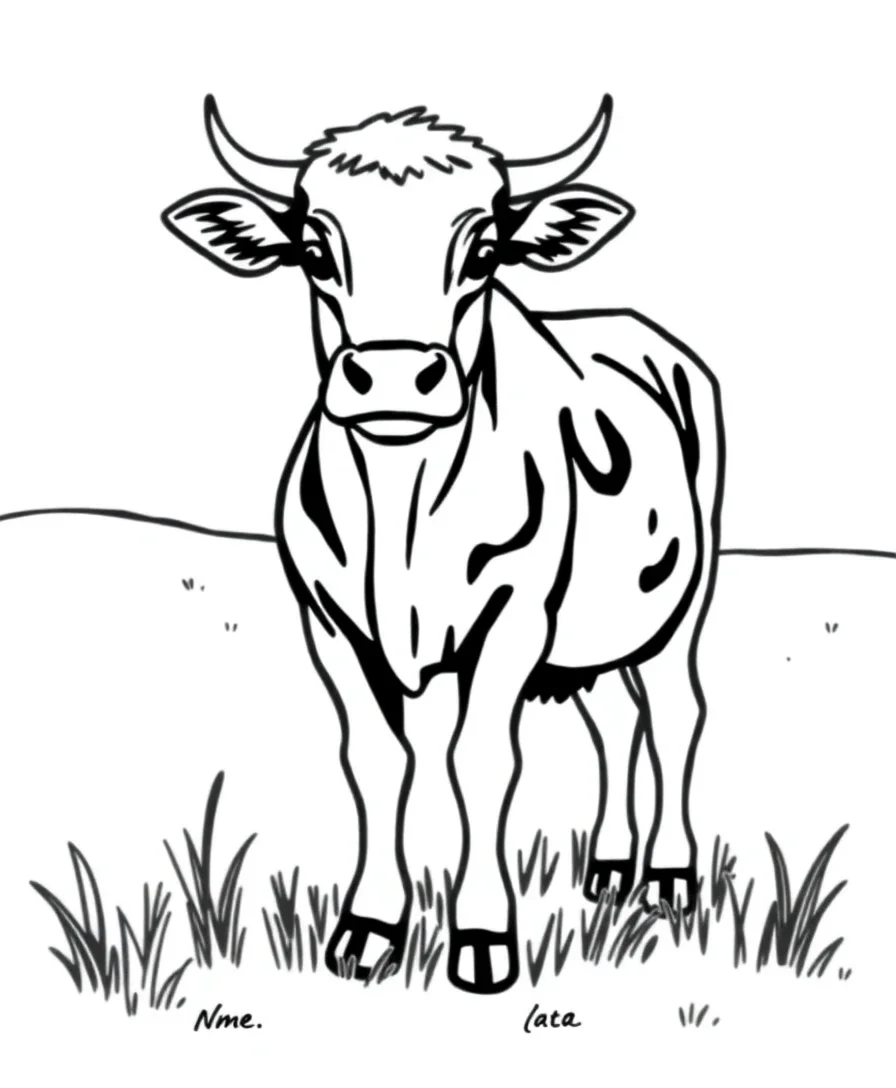 Line art of a cow standing in a meadow with bold outlines