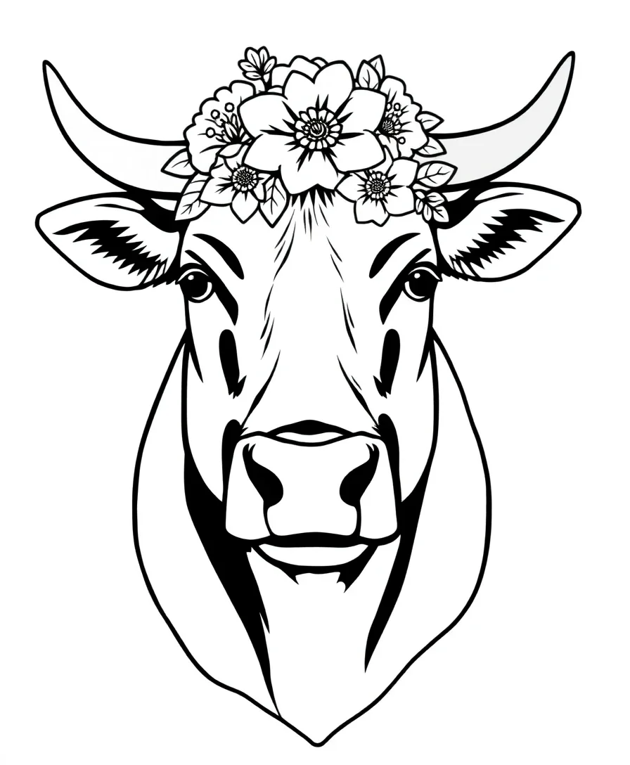 Elegant line art of a cow with a floral crown