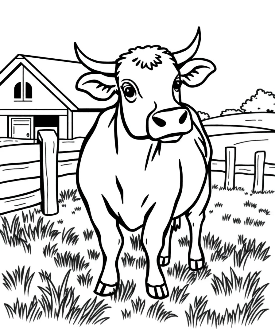 Line art of a cow in a farm scene