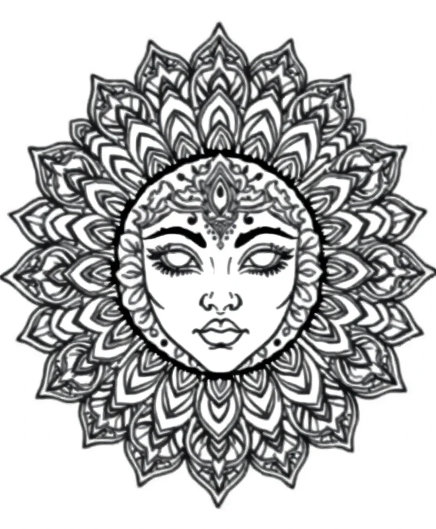 Line art of a face framed by intricate mandala patterns