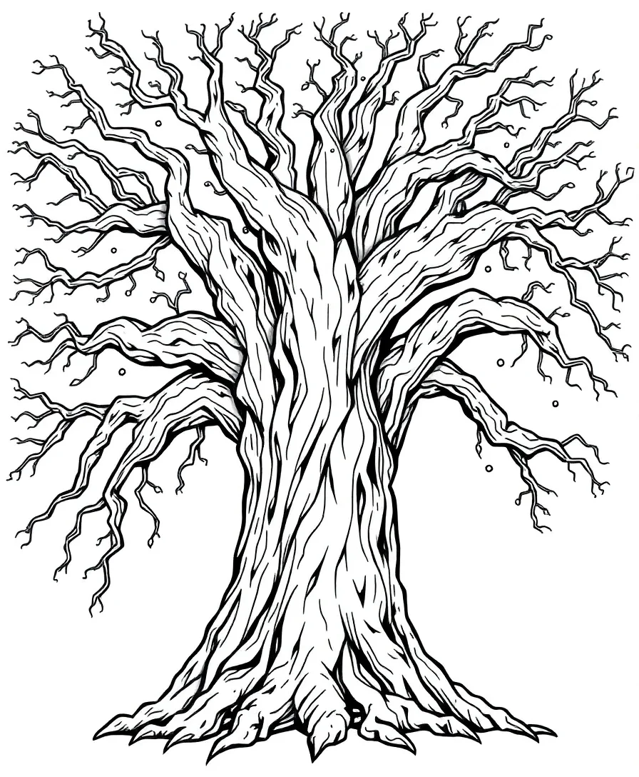 Line art of a wise old tree with detailed bark