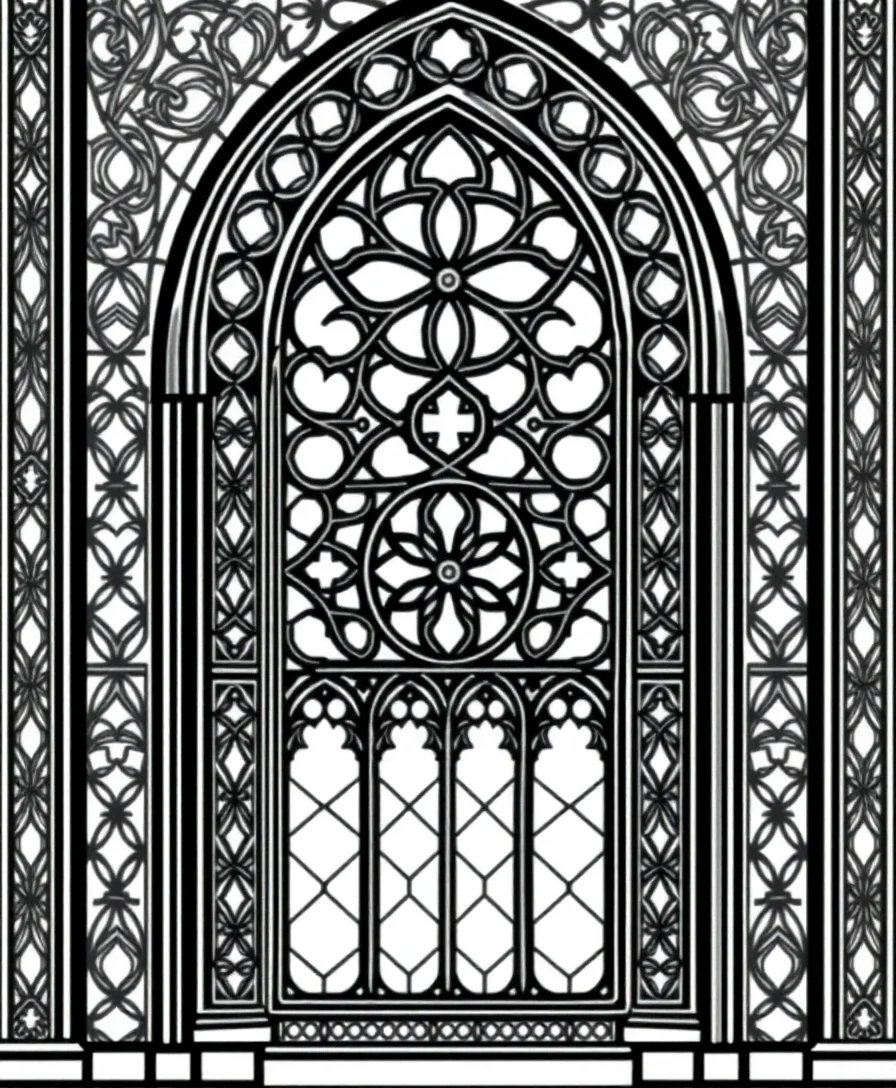 Line art of a gothic cathedral window with geometric patterns