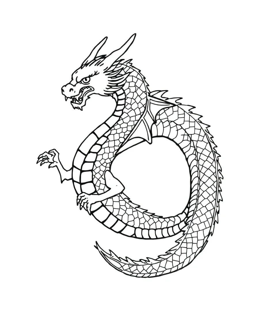 Line art of a mystical dragon with detailed scales