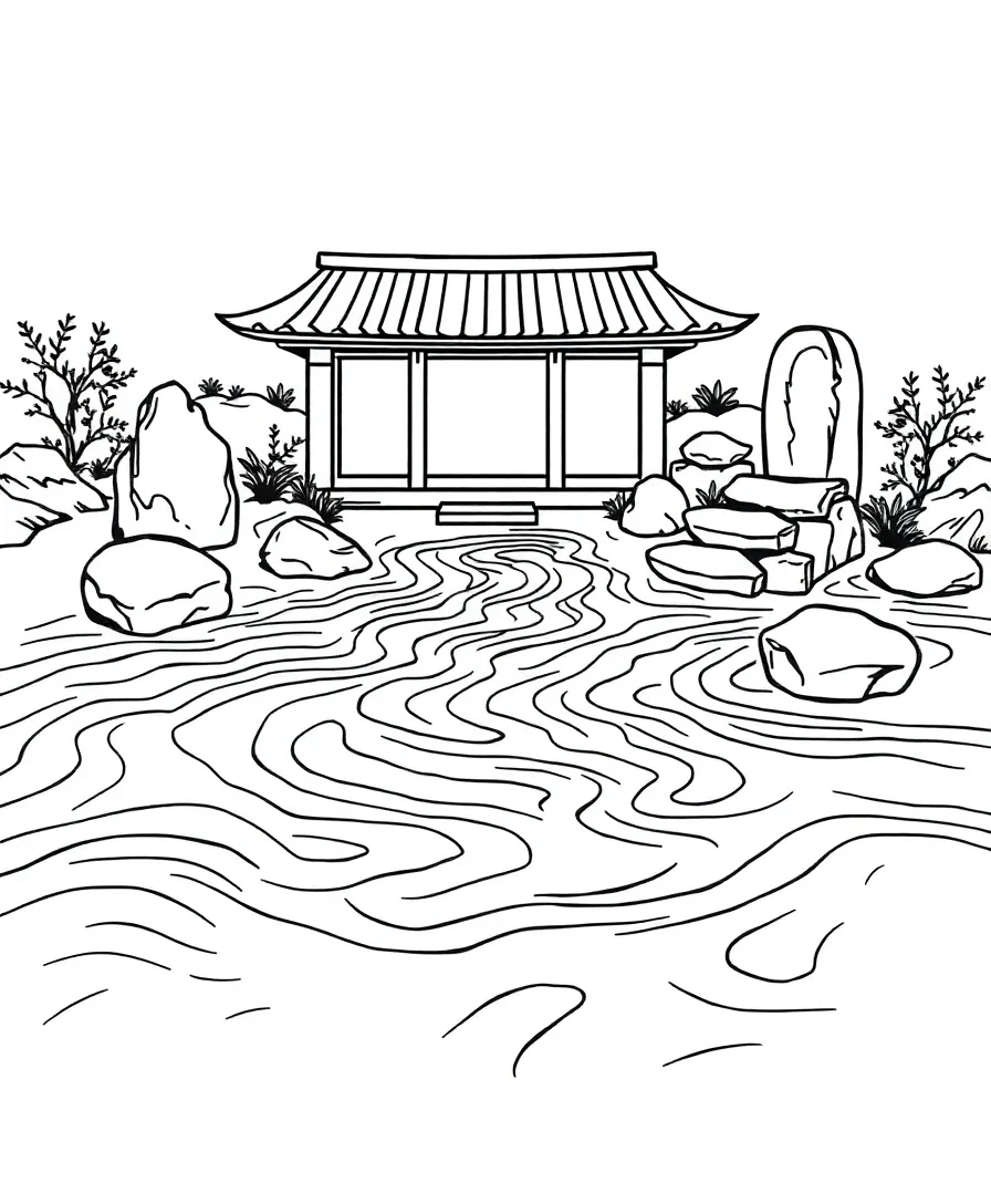 Line art of a tranquil Zen garden with sand patterns