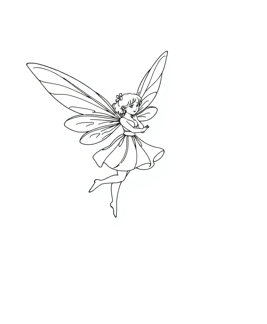 Line art of a fairy with flowing dress and wings in flight