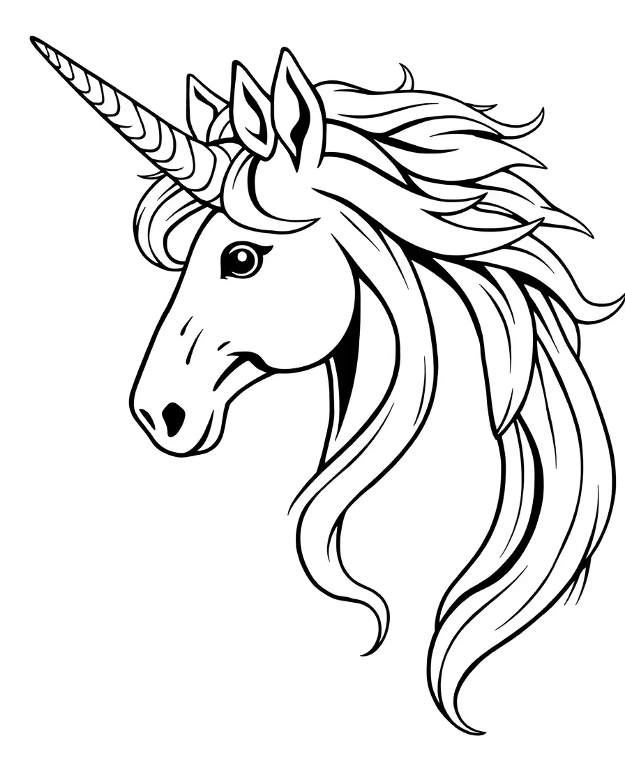 Line art profile of a unicorn with a flowing mane and horn