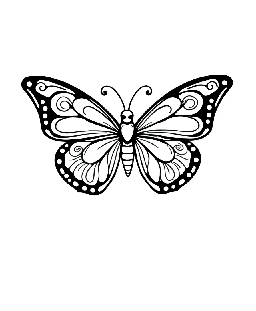 Line art of a butterfly with swirling wing patterns