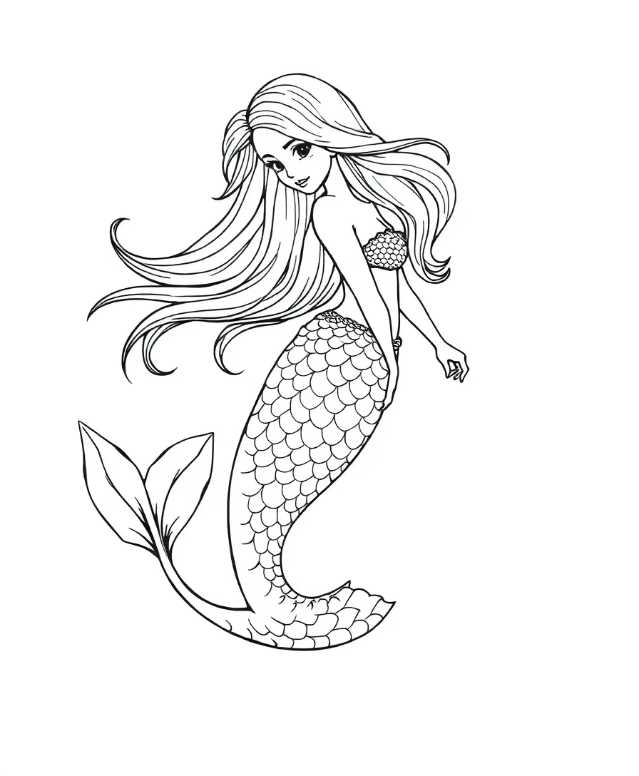 Line art of a mermaid with flowing hair and detailed tail