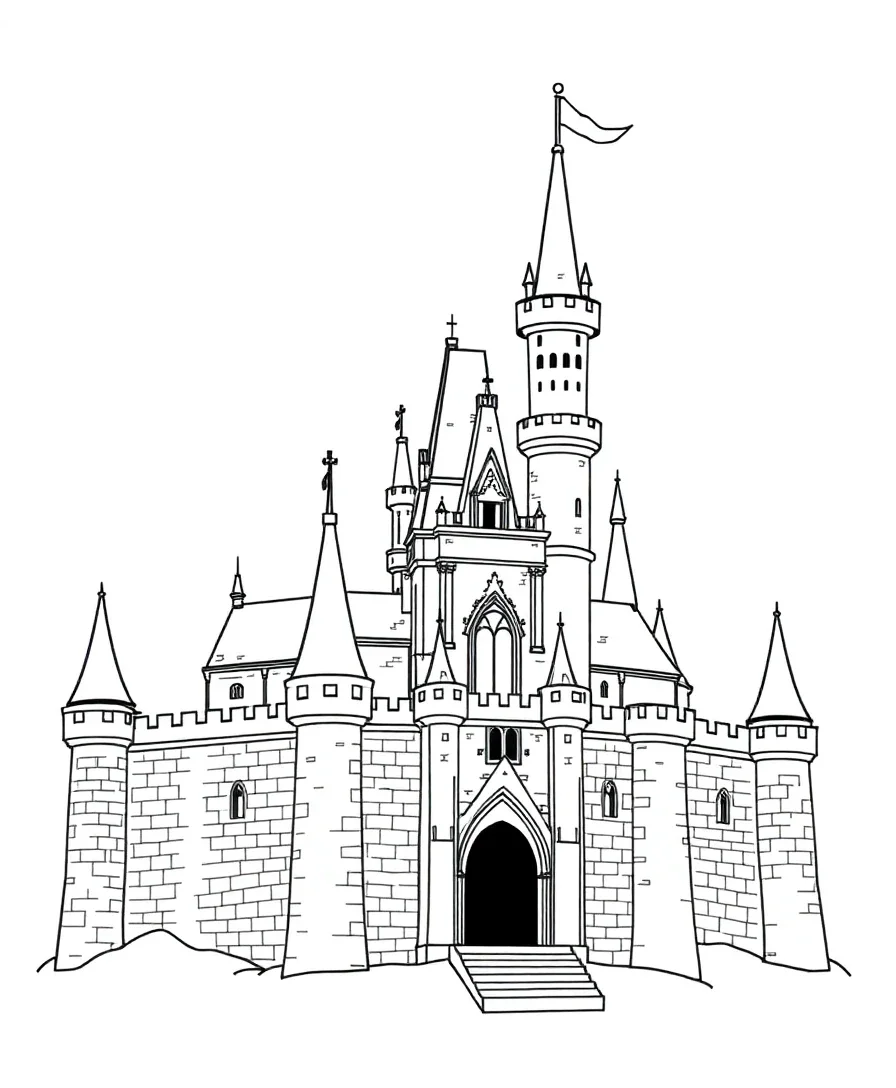 Line art of an enchanting castle with spires and brick details