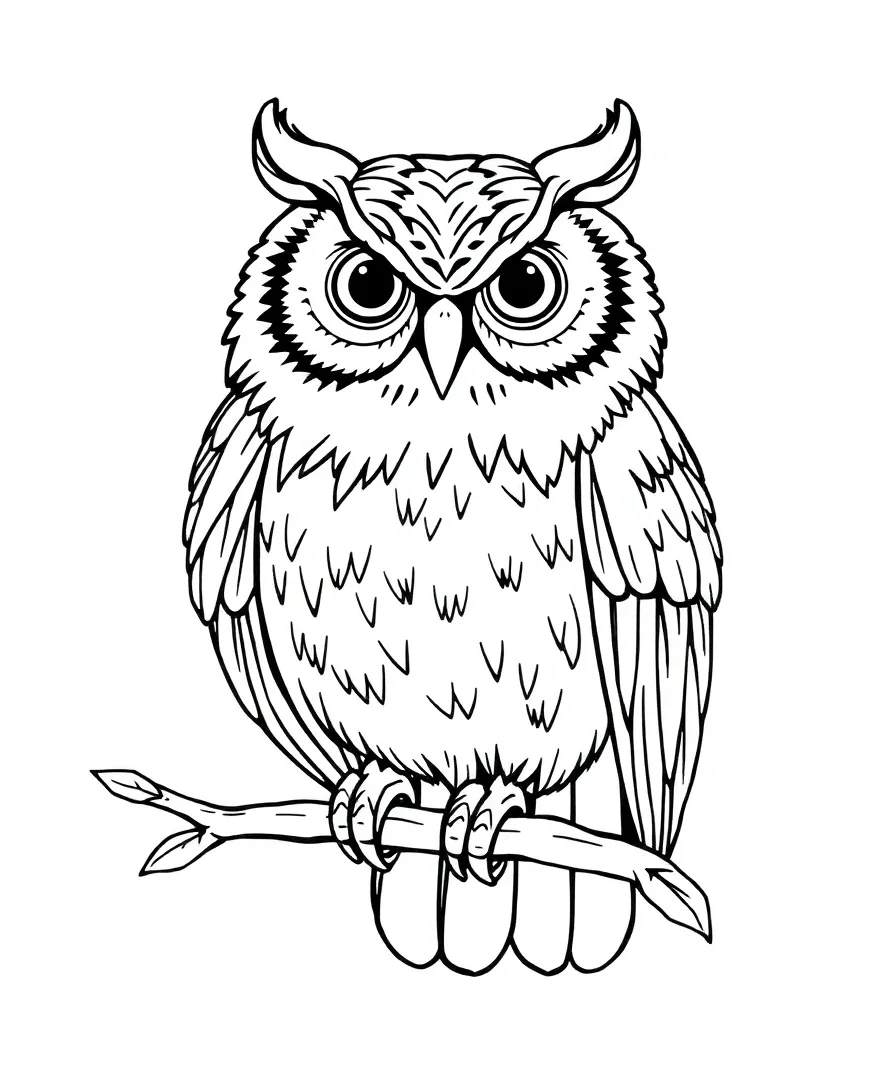 Line art of an owl perched on a branch
