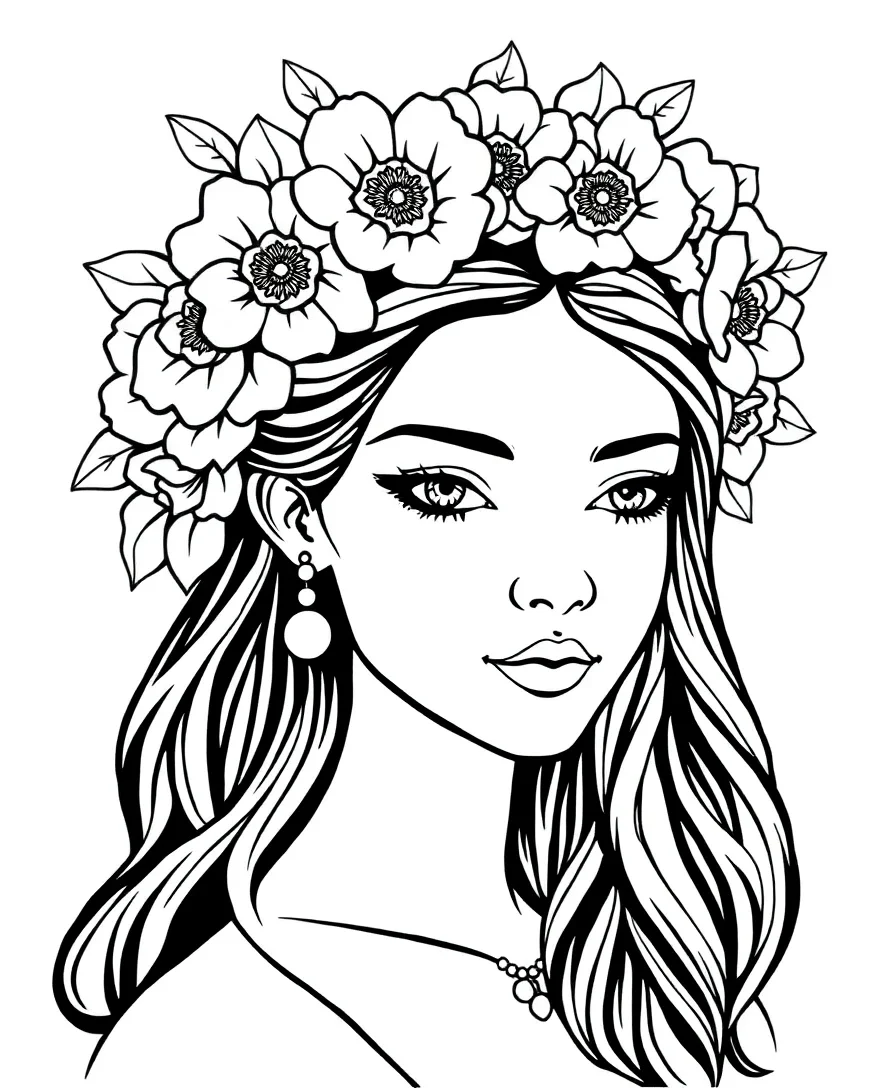 Line art of a maiden with a floral crown