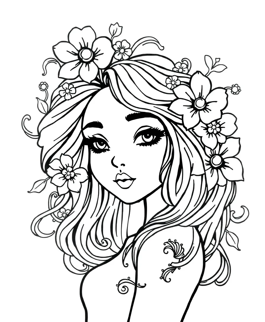 A girl with intricate floral patterns in her hair, designed for coloring