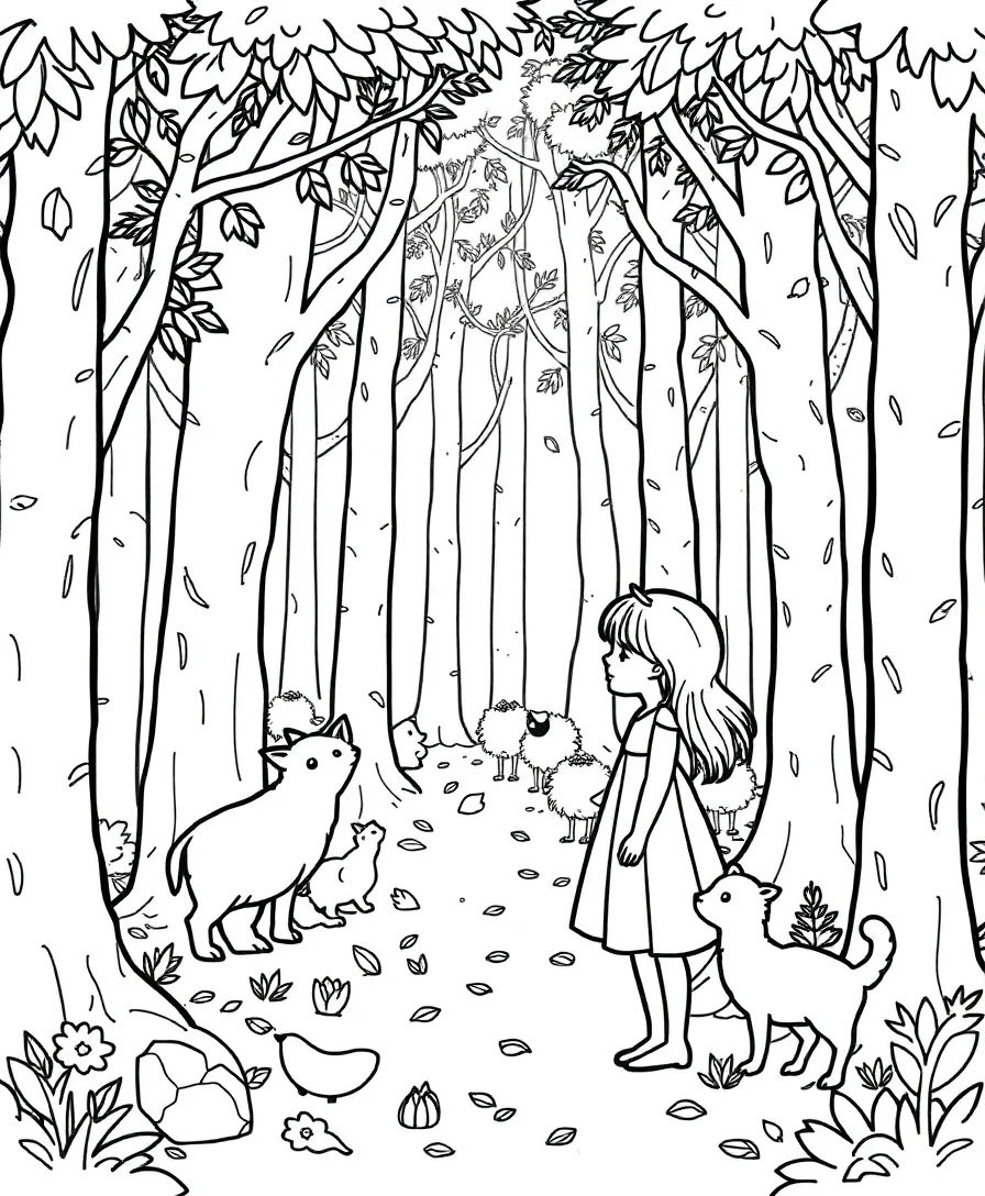 A forest maiden surrounded by trees and woodland creatures, perfect for line art lovers