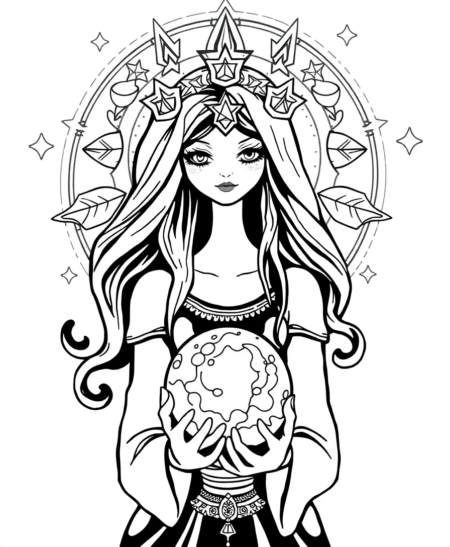 A mystic fortune teller with symbols and a crystal ball, ideal for coloring