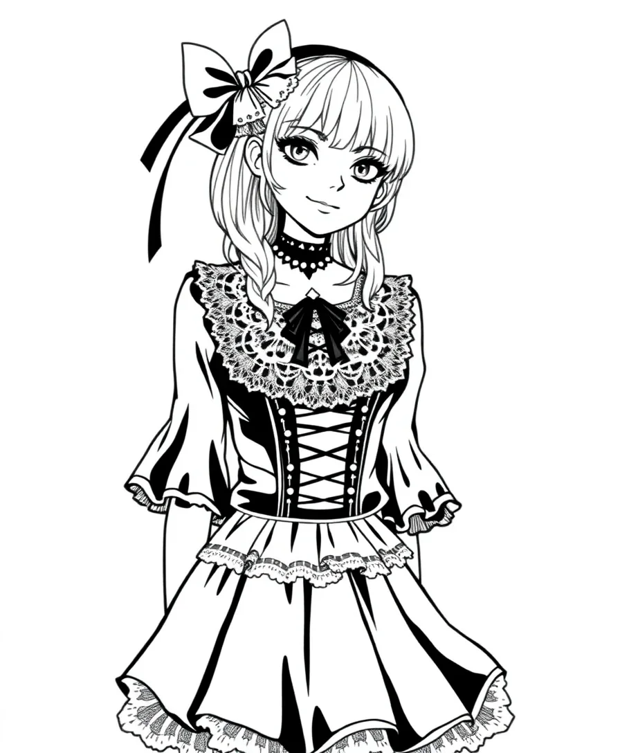 A Gothic Lolita girl with an elaborate outfit, designed for line art enthusiasts