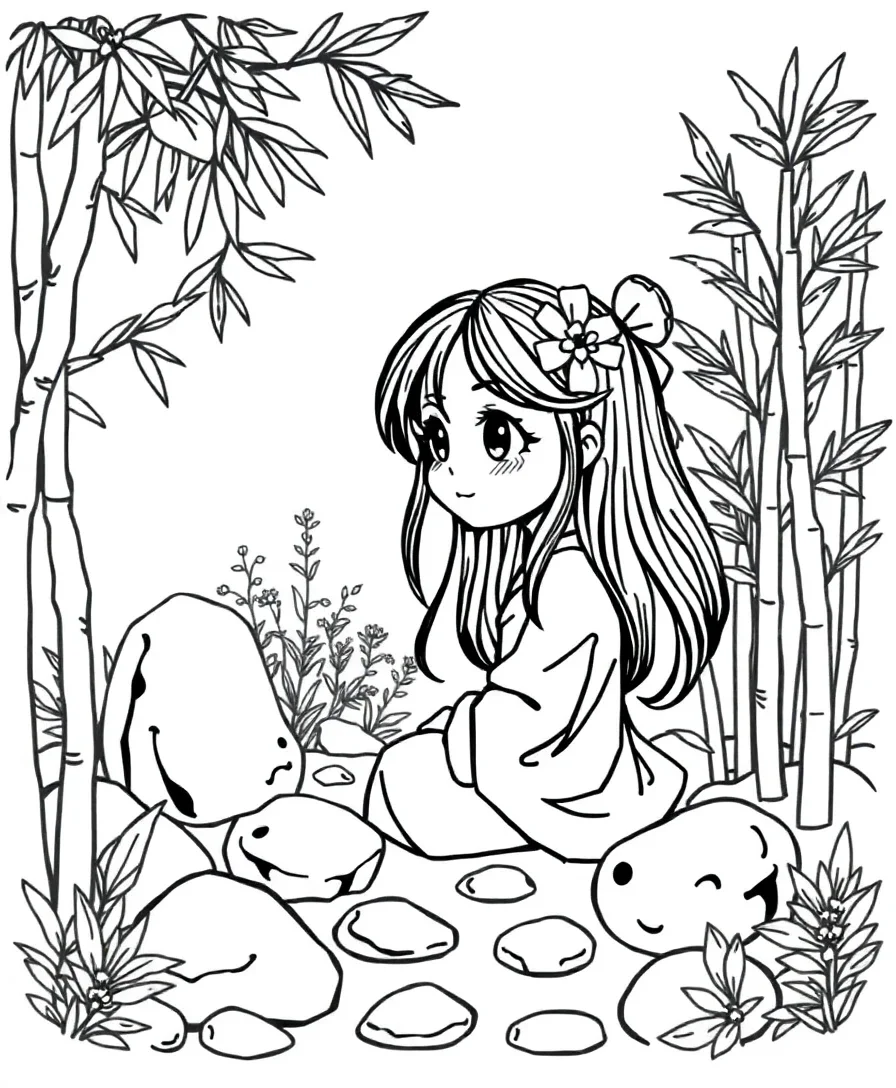 A Zen garden maiden with stones and bamboo, ideal for coloring enthusiasts
