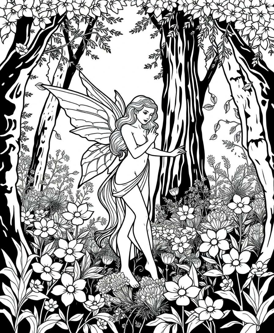 An enchanted forest nymph with trees and flowers, designed for line art lovers