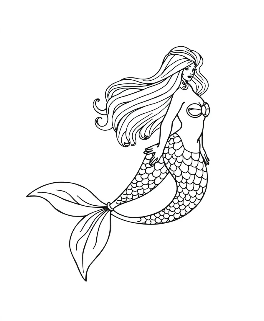 A mystical mermaid with a flowing tail and detailed scales for coloring